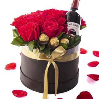 Caja Redonda Negra Rosas, Chocolates y Vino